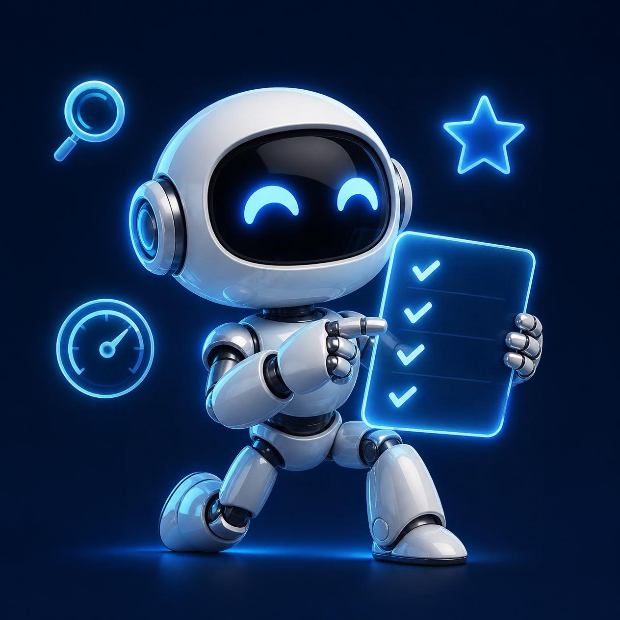 Robot mascotte MBx Com tenant une checklist lumineuse